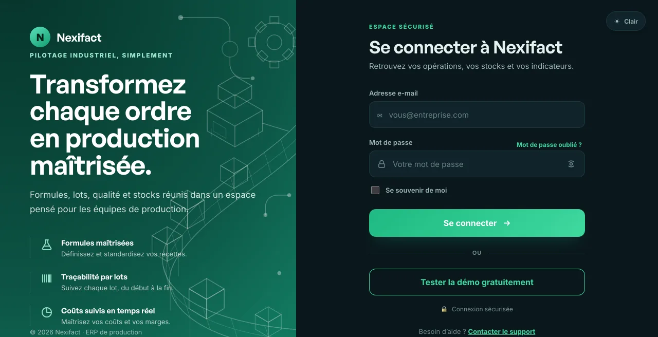 Écran Nexifact — L’entrée de vos équipes, sur poste ou sur téléphone